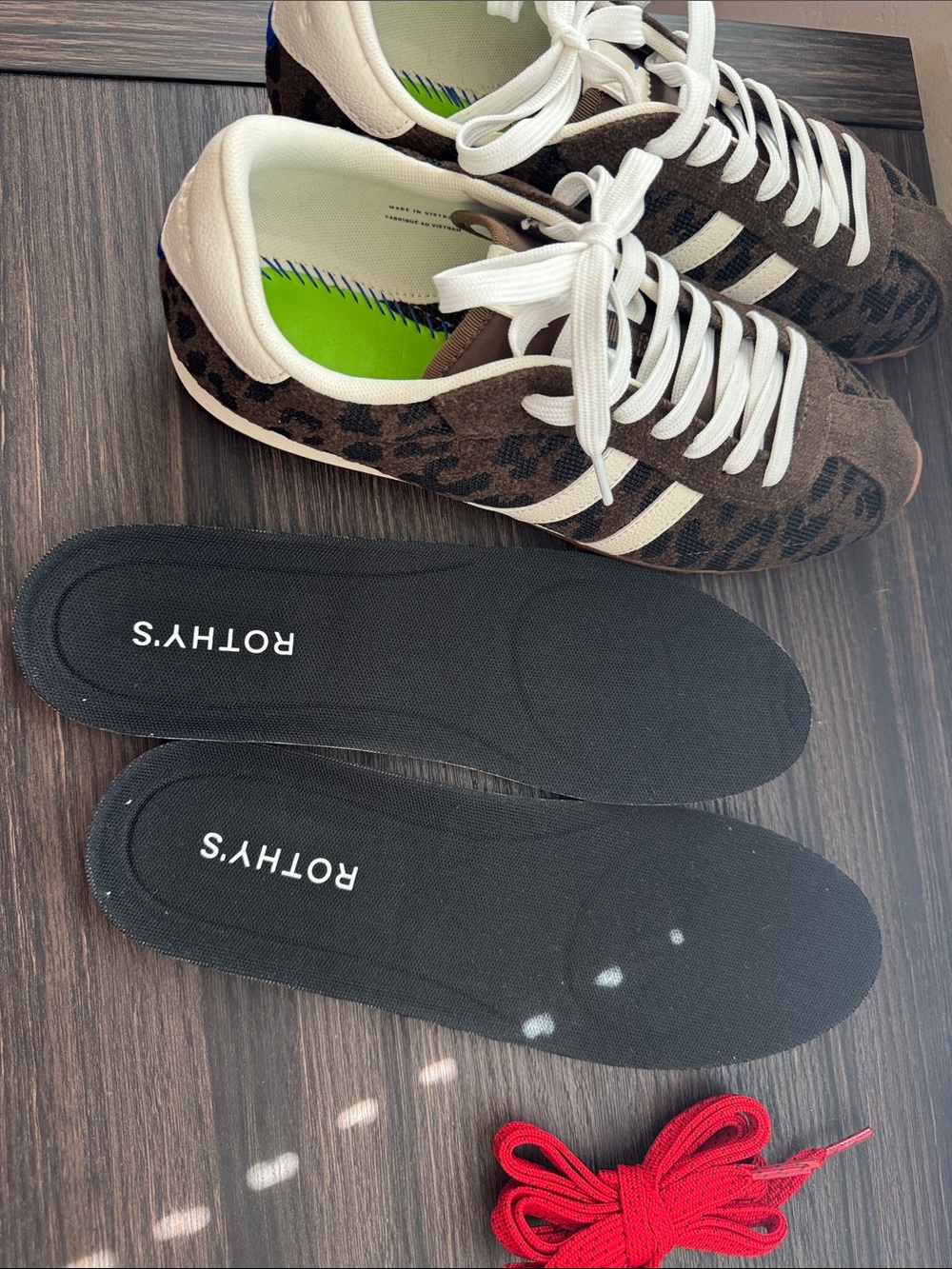 Rothy's Ivy Sneakers Brown Leopard Print with White Stripes and Two Laces - Picture 3 of 6